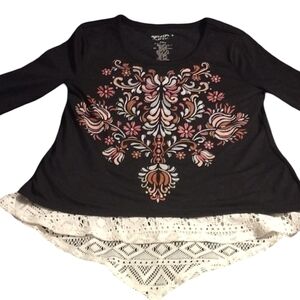 Black Floral Lace Hem Girls Top
